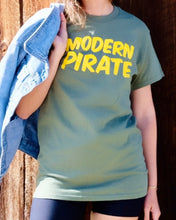 Load image into Gallery viewer, This modern pirate gator green original tee is the modern pirate tee for your modern pirate needs. Modern pirate is the brand for any and all artist needs. This modern pirate tee will improve your modern pirate life with more booty for your modern pirate ship. This is the modern pirate gator green full tshirt photo